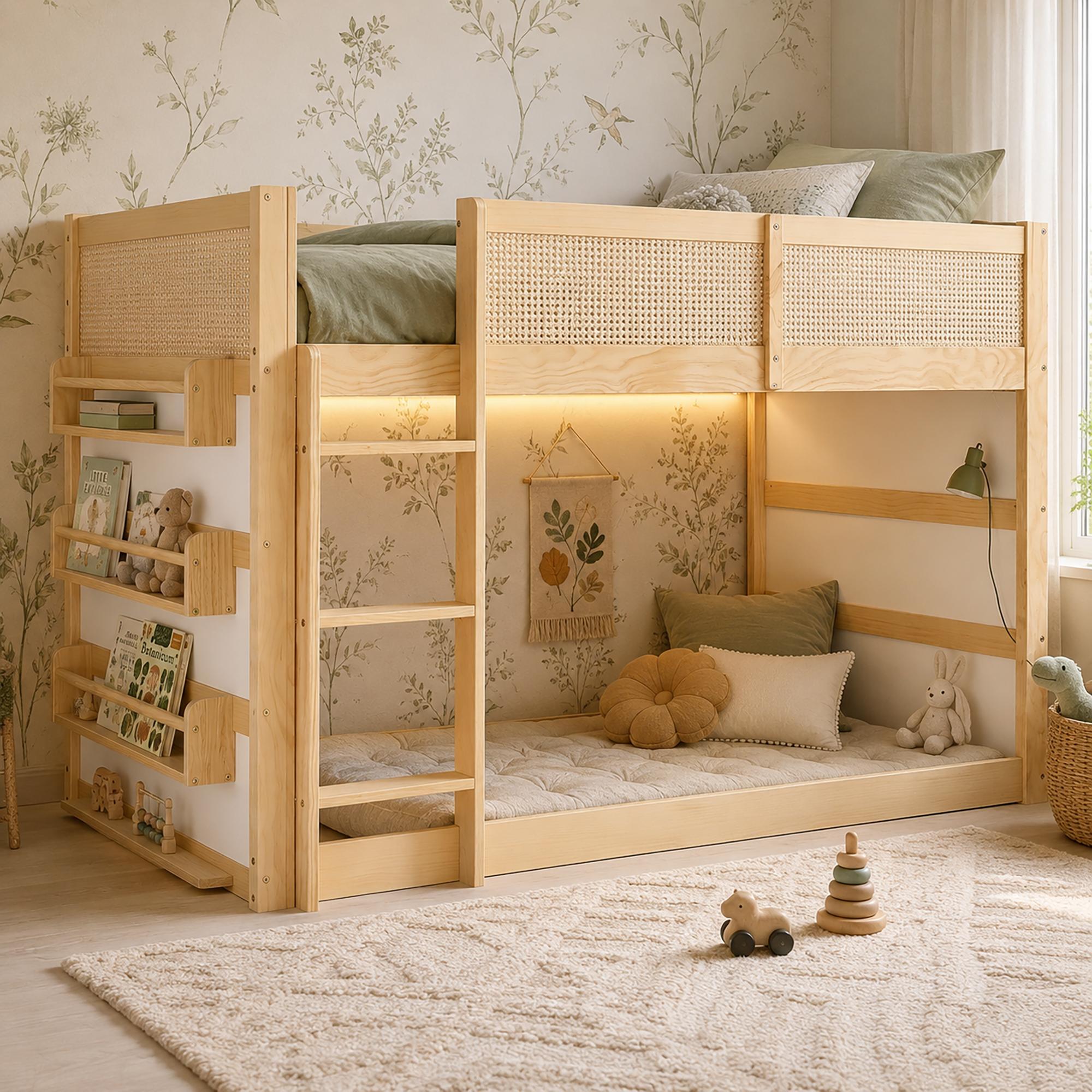 MODFU Etagenbett 90 x 200 Kinderbett mit Rundum-Schutzgitter und Rattan-Design,Hochbett mit Dreistufige Treppe,LED und Multifunktionaler Stauraum,ohne Matratze,Natur+Weiß