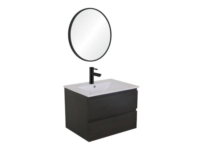 Meuble simple vasque 60cm noir + vasque + robinet noir + miroir