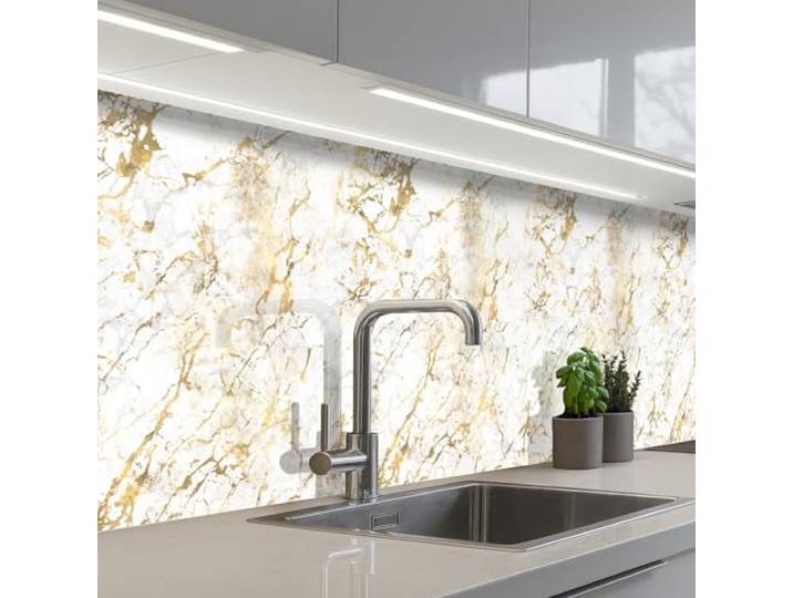 KitchenYeah© Spritzschutz Küchenrückwand Küche Abwaschbar Selbstklebend 60x300 cm - Küchenwand Küchenfront Küchen Rückenwand Wandschutz Goldspritzer - Weiß - Marmor