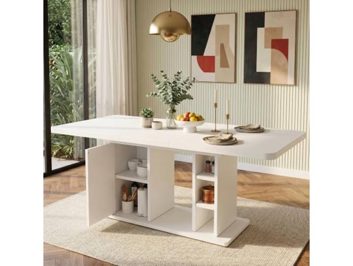Merax Ausziehbarer Esstisch 140/180x80x75 cm, Tisch mit Stauraum & verdickter Tischplatte, skandinavischer Esstisch für 6–8 Personen, Weiß