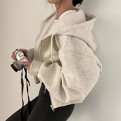 On Spot Shop Women's Y2K Streetwear Hoodie, Autumn Winter Zip Up Crop Top, Harajuku Casual Jackets, Long Sleeve Hooded Sweatshirt beige xl