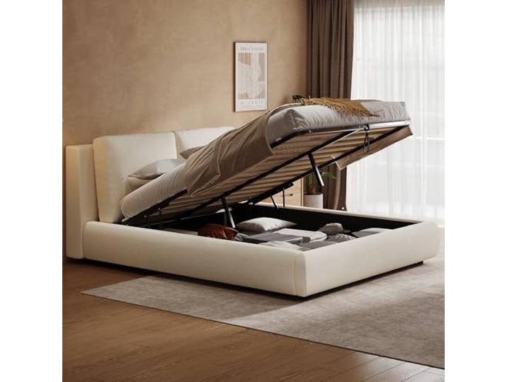 Merax Polsterbett Doppelbett 160x200 cm mit hydraulischem Stauraum, Bouclé – Beige (Ohne Matratze)