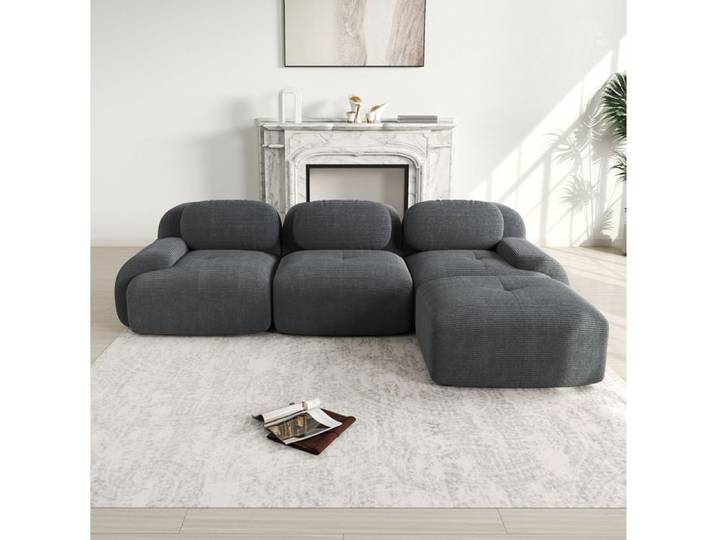 Canapé d'angle modulaire gris en tissu côtelé sans montage design ergonomique