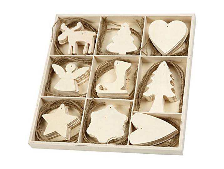 Houten Ornament - Assortiment, grootte 7-8 cm, dikte 3 cm, multiplex, Kerst, 72asstd