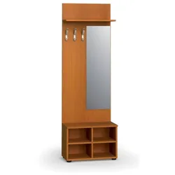 Garderobenwand PRIMO WOOD, Schuhregal + Spiegel, 3 Haken, Ablage, Holzstruktur vertikal, Kirschbaum