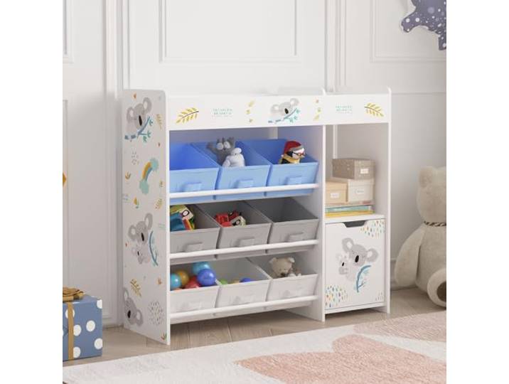 [en.casa] Kinderregal Søndreland Bücherregal für Kinder mit 9 Aufbewahrungsboxen Spielzeugregal mit Schrank 80 x 90 x 30 cm Spielzeug Aufbewahrung Koala Motiv
