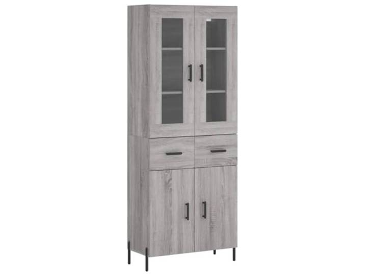 KGFHERENB Highboard Schrank Grau Sonoma 69,5x34x180 cm Holzwerkstoff Eleganter Viertürer für Wohnzimmer und Flur mit Glaselementen, robusten Metallfüßen und vielseitigem Stauraum.