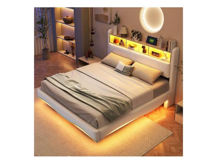 HAUSS SPOLE Polsterbett 160x200 mit Matratze Komfortbett, Leinenstoff, LED-Licht, Jugendbett