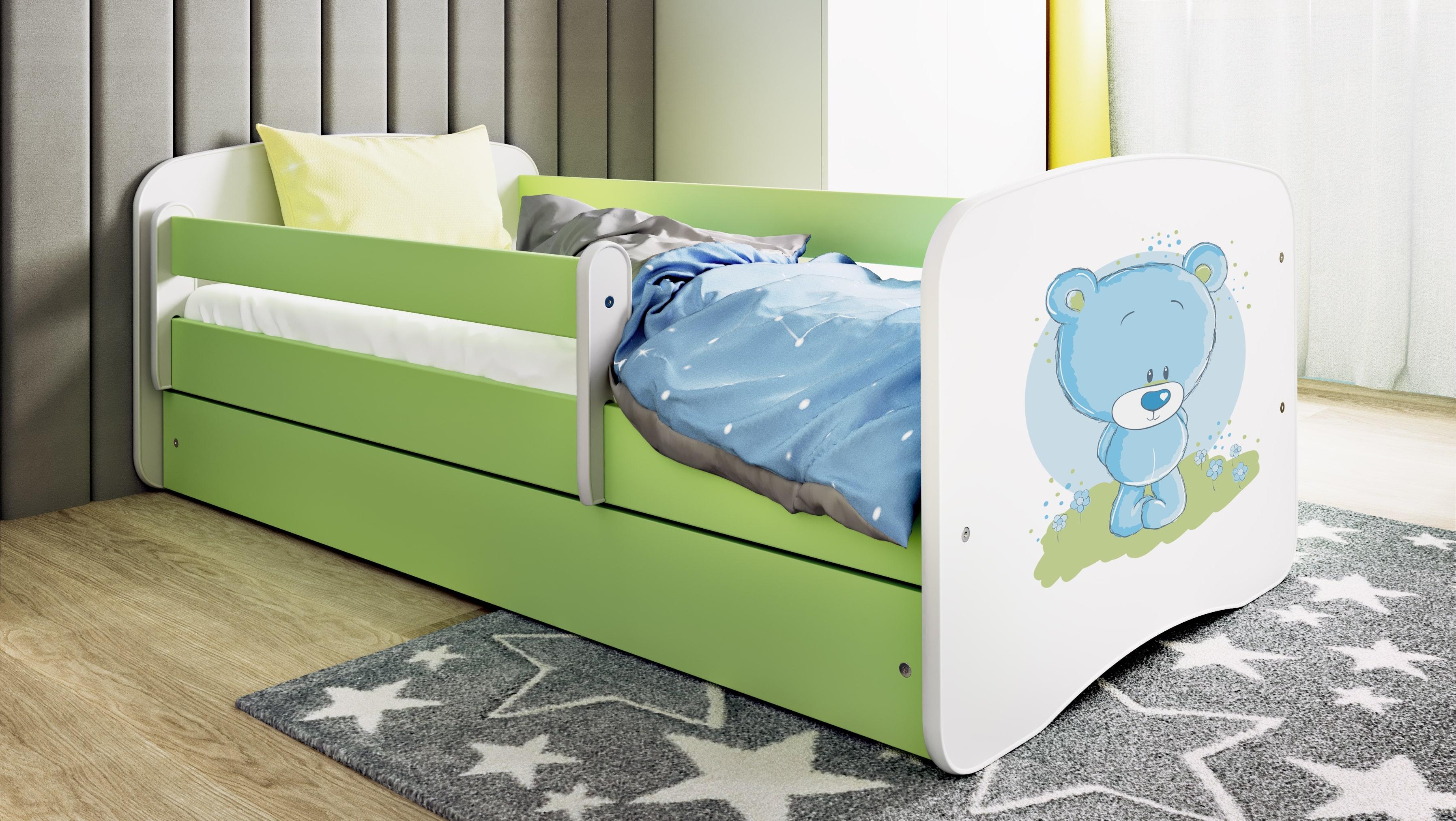 Kinderbett Jugendbett blauer Teddybär Blumen 70x140, 80x160, 80x180 cm - Komplettset mit Schublade & Rausfallschutz