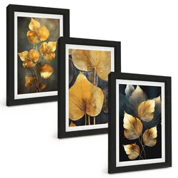 BILDER SET 3er Set - 20x30 cm Schwarzer Rahmen - Gelbe Blätter auf dunklem Hintergrund