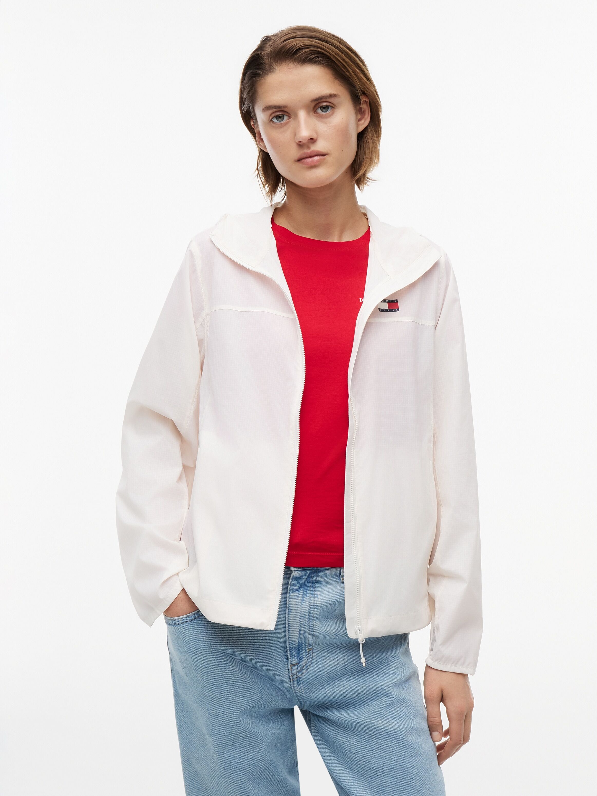 Blouson TOMMY JEANS "TJW OUTDOOR SHELL JACKET", Damen, Gr. S (36/38), weiss (ancient weiß), Web, Obermaterial: 100% Nylon, unifarben, normal, Jacken Blouson, Kunstfaser ancient weiß S (36/38)