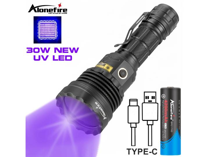 Nouvelle lampe torche UV LED 30W UV90MIL 365nm, rechargeable par USB, pour la détection d'argent, de minerais, de taches d'animaux, d'encre invisible et de marqueurs de scorpions, lumière noire
