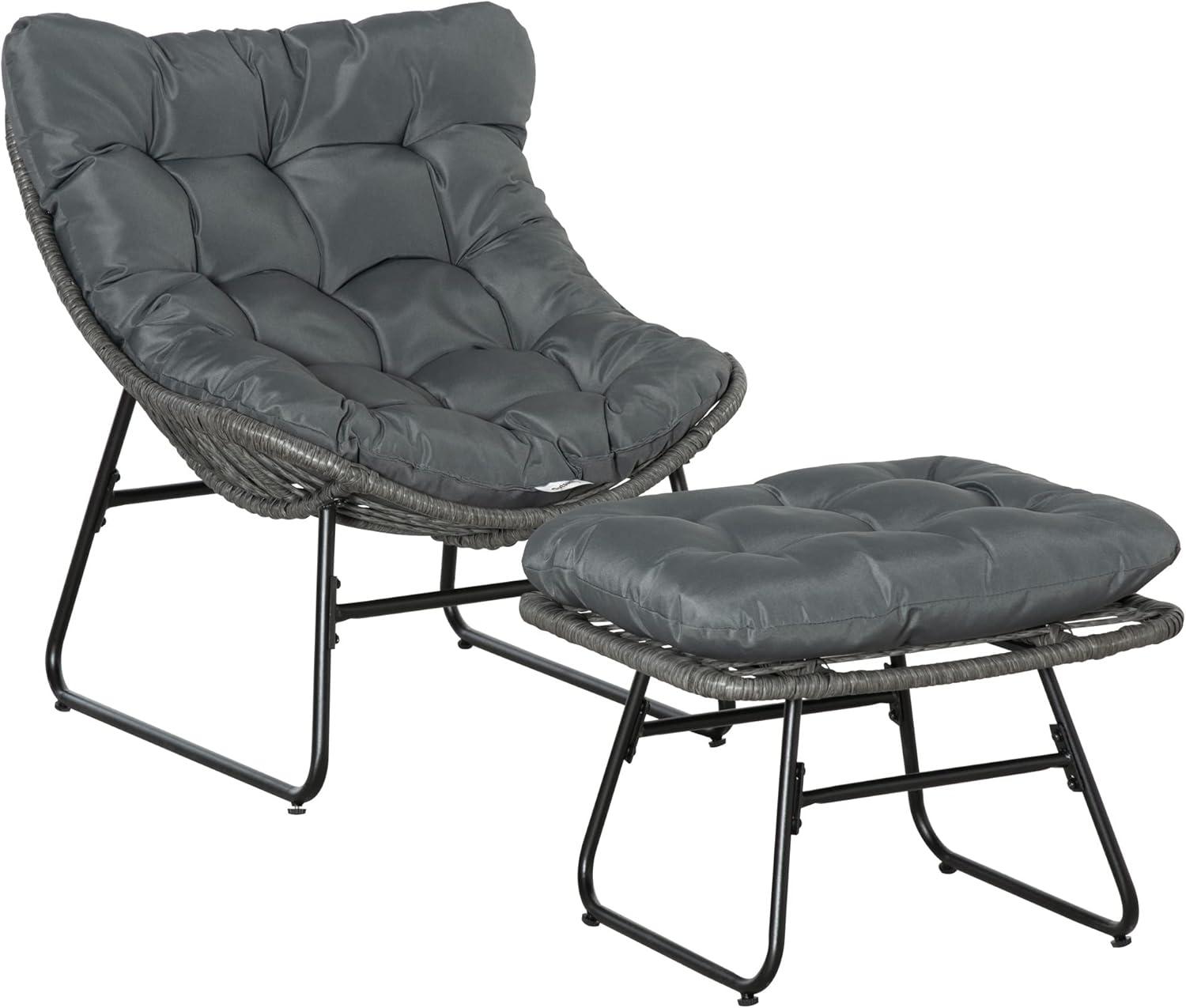 Rattan Relaxsessel mit Fußhocker, Balkon Sessel Grau | Gartensessel, mit Dicke Kissen, Outdoor Rattanstuhl, Gartenstuhl, für Garten, Terrasse