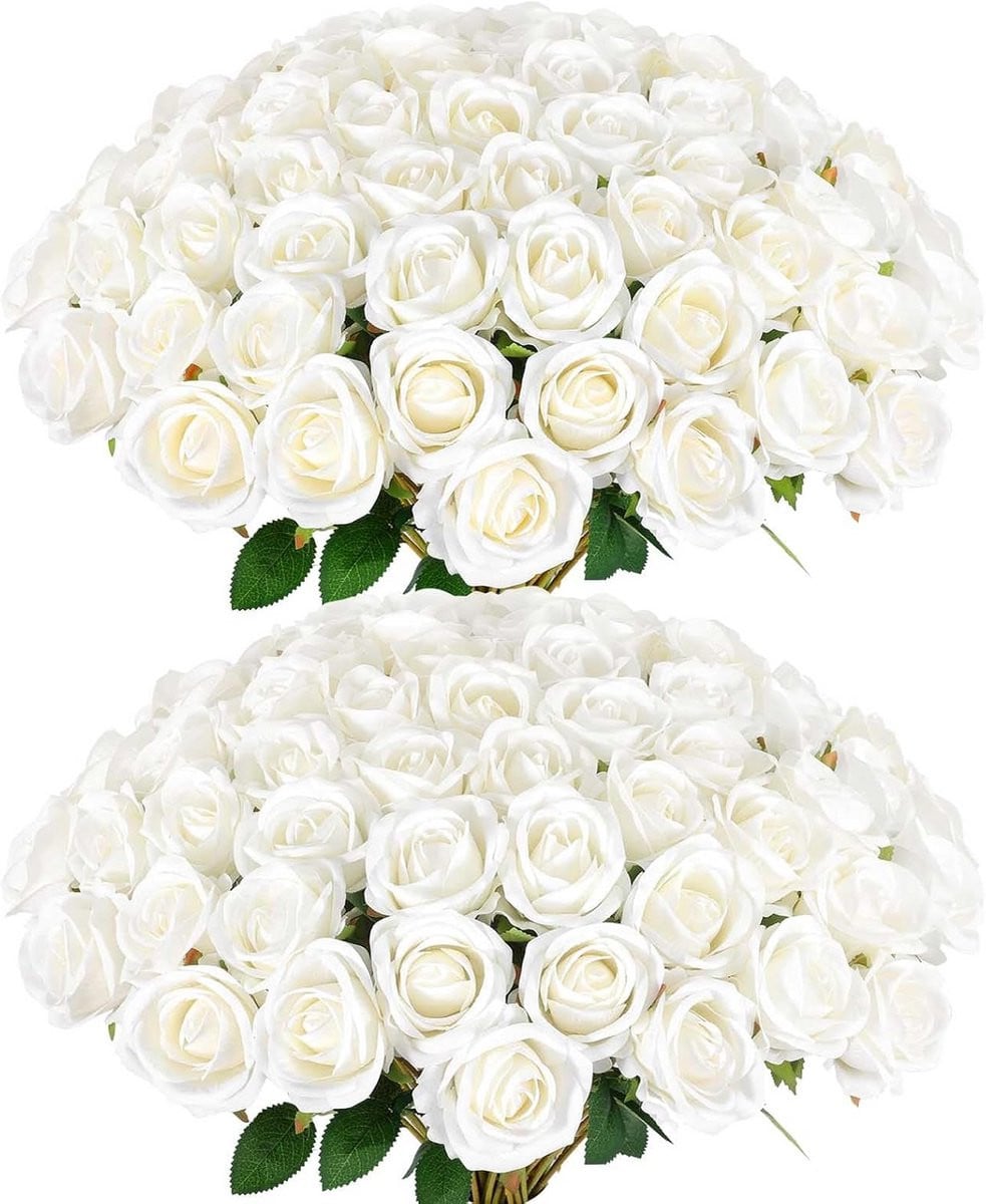 60 Witte Zijden Kunstbloemen Rozen voor Bruiloft en Decoratie