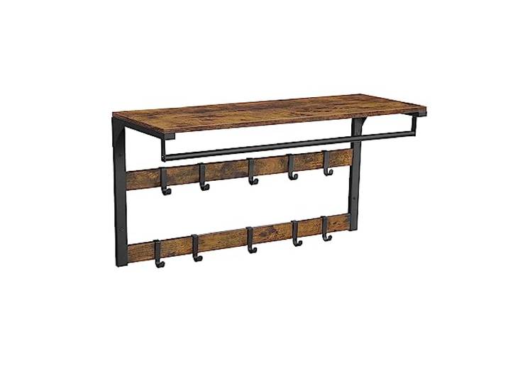 VASAGLE Wandgarderobe, mit Ablage, 10 abnehmbaren Haken, Kleiderstange