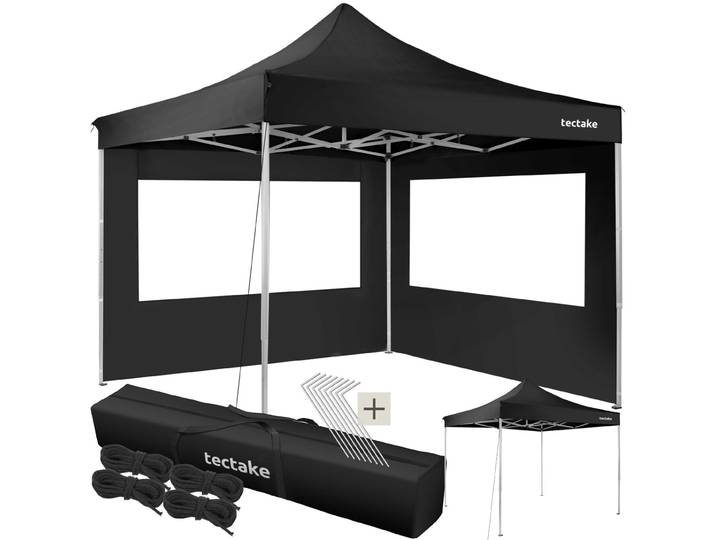 Aluminium Faltbarer Garten Pavillon 3x3m mit 2 Seitenteilen - schwarz