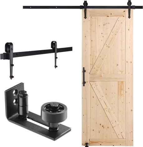 VEVOR Schuifdeur Hardware Kit met Vurenhouten Paneel en RVS Onderdelen, Bruin, B: 76,2 cm, H: 213,36 cm