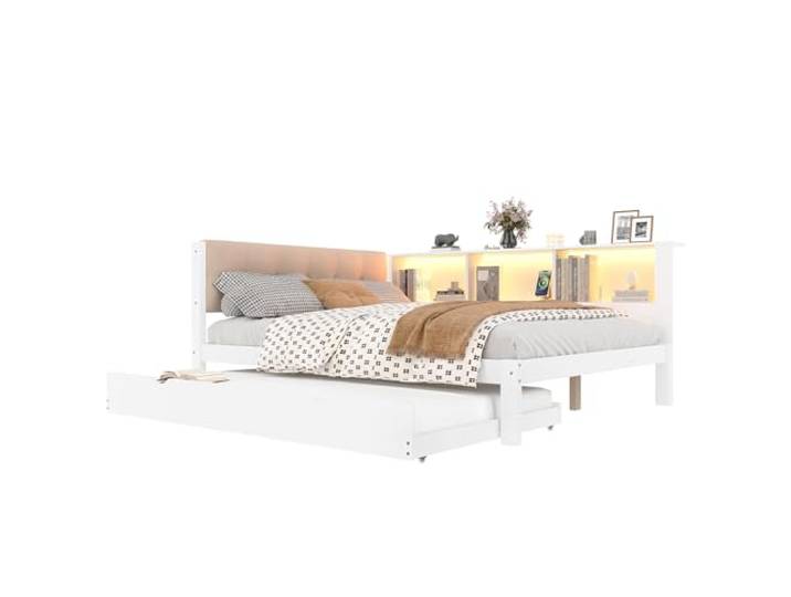 SOFTWEARY Holzbett mit gepolstertem Kopfteil, LED-Beleuchtung, Lattenrost, Regal und Gästebett, Jugendbett, Doppelbett (weiß, 140x200 cm)