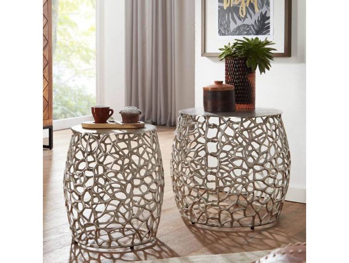 WOHNLING Table d'Appoint Lot de 2 Alu Argentée Ronde Structure Branche
