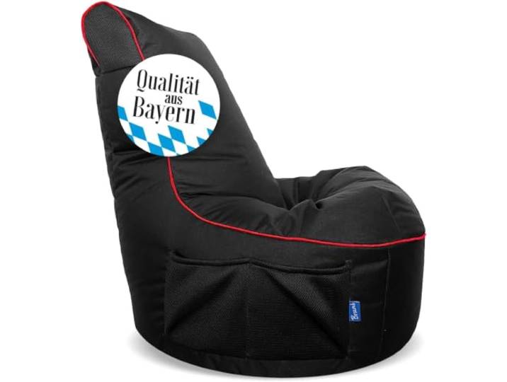 Bruni Cockpit – schwarzer Gaming-Sitzsack zum Zocken mit Lehne und Fach, Indoor und Outdoor geeignet, in Deutschland gefertigt (Schwarz/Rot)