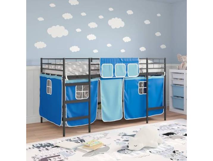 KTHLBRH Bett Loft für Kinder, Schwarz und Blau, 205 x 105 x 116 cm Metallrahmen, Netzvorhang, Wand-Kopfteil, Matratze 100 x 200 cm