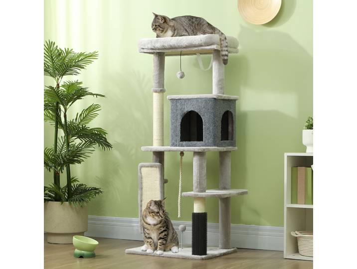 PawHut Arbre à Chat Tour de Jeux pour Chats Centre d'Activités avec Poteaux à Griffer en Sisal Niche Hauteur 132 cm Gris