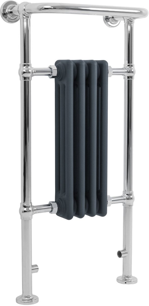 Klassieke badkamer radiator handdoekrek in grijs chroom met 4 kolommen, wandmodel en vloerbevestiging, B: 48 cm, H: 95 cm