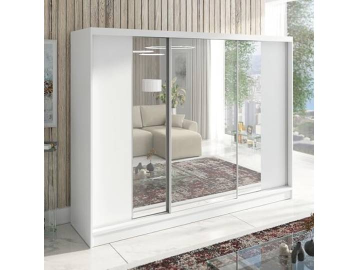 A&J MöbelLand Schwebetürenschrank VIDA Kleiderschrank 3-türig mit Schubladen und Spiegel, Garderobe 200 cm (Weiß)