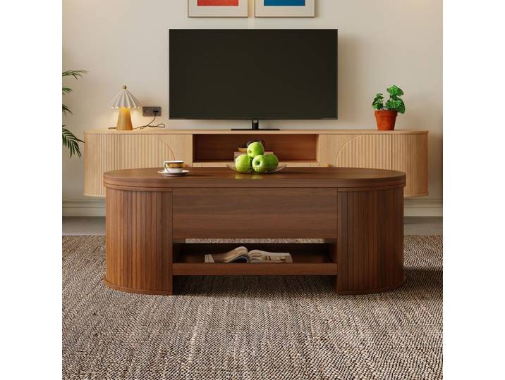 Table basse relevable 110x55.5x40 cm - Côtés incurvés - 1 tiroir - MDF - Marron