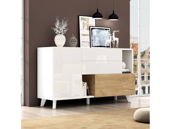 ROVRYN Buffet bas scandinave 130 x 40 x 70 cm 2 portes 2 tiroirs blanc brillant et bois clair