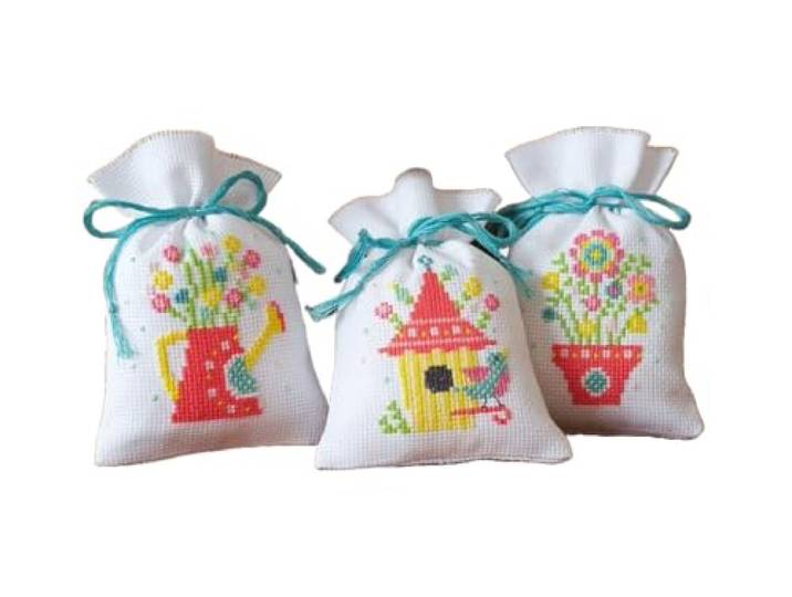 Vervaco zakje tuinmotief Aida set van 3 kruissteekverpakking, wit, 8 x 12 x 0,3 cm