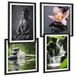 BILDER SET 4er Set - 50x50 cm & 40x60 cm Schwarzer Rahmen - Zen-Gemälde, Wassersteine, Buddha