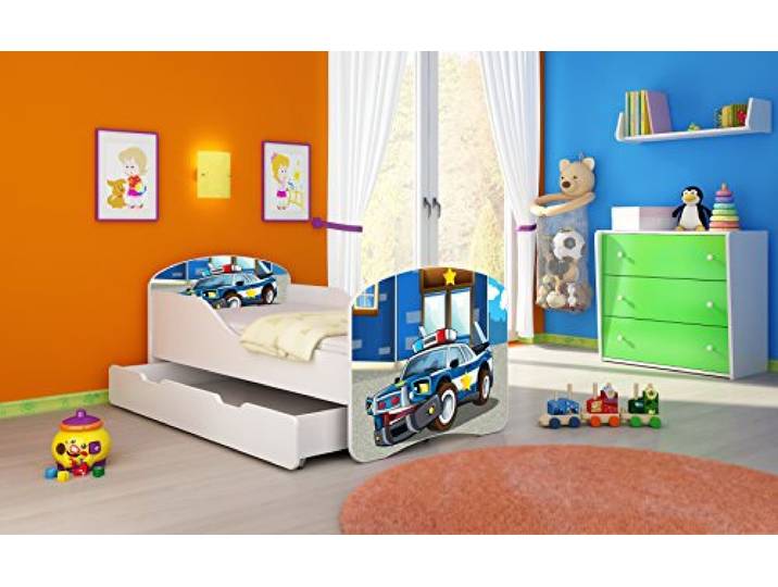 ACMA I Kinderbett 180x80 Jugendbett Komplett mit Einer Schublade und Matratze Lattenrost Weiß, stabil, Kinderzimmer Bett, Jugendmöbel Design 38 Polizei