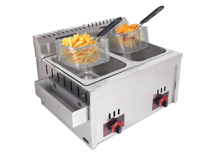 robwibw Gas Fritteuse Gastro 20L Gewerbliche Doppel Gasfritteuse Edelstahl Profi Gasfritteuse Mit Pommeskorb Für Restaurant, Heimküche, Snackbar