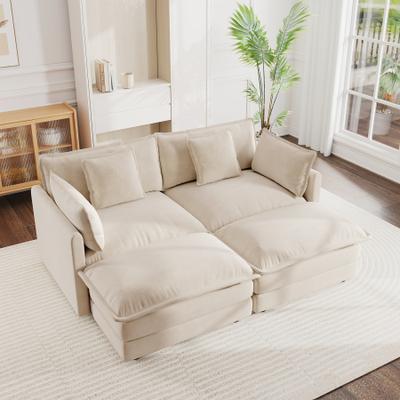 Loedds 2-Seat Chenille Modular Sectional Sofa with Ottoman & Wood Frame