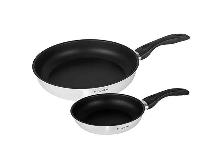 KLAMER Bratpfannen Set 20 und 28 cm für Induktion, Profi Edelstahlpfanne Greblon C3+ Antihaftbeschichtung, fettarmes Braten ohne Anbrennen, PFOA-frei und backofenfest, mit ergonomischen Kaltgriff