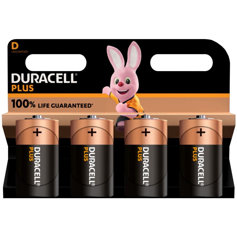 Duracell Batterie Alkaline, Mono, D, LR20, 1.5V Plus, Extra Life, Retail Blister (4-Pack)