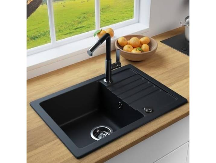 MIT ARMATUR LINDBERGH® Granit Spüle + kompl. Siphon und Imprägnierung mit Abtropffläche, Einbauspüle Küchenspüle Spülbecken - Verbundstoffe MADE IN GERMANY (SIM44 + Armatur 1-Deco)