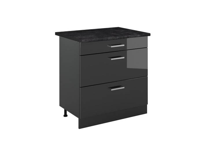 Vicco Küchenunterschrank R-Line, Anthrazit Hochglanz/Anthrazit, 80 cm mit 3 Schubladen Arbeitsplatte Anthrazit, Anthrazit, Anthrazit, Holzwerkstoff, Rechteckig, 80x81.6x60 cm, Küchen, Küchenmöbel, Küchenschränke, Küchenunterschrank