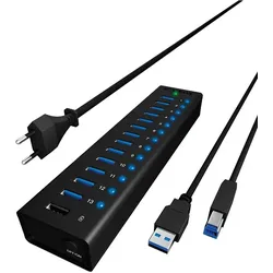 ICY BOX IB-AC6113, 13 Port USB3.0 Hub + 1x Ladeport, Aluminium Gehäuse mit Netzteil