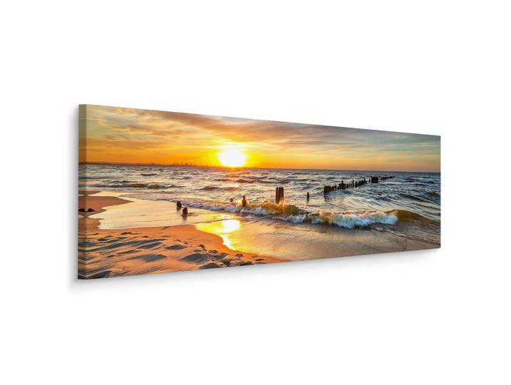 Muralo Panoramabild Strand Meer Sonnenuntergang 3D 145x45, Beige, Blau, Braun, Grau, Orange, Weiß, Kiefer, Wasser/Strand/Meer, Rechteckig, 145x45 cm, einfache und schnelle Anbringung, Bilder & Rahmen, Bilder, Leinwandbilder