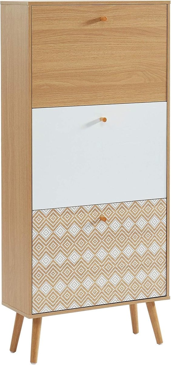 Compacte schoenenkast met 3 kantellades in eikenlook voor de hal