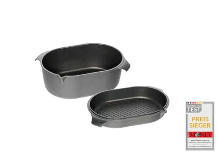 AMT Gastroguss Klaus grillt German Oven Set, kleine Ausführung, 32x22 cm, German Oven Bräter/Gußdeckel mit Grillboden, Aluguss, Lotan® Antihaft-Veredelung, AMZN-KG-3222-Set