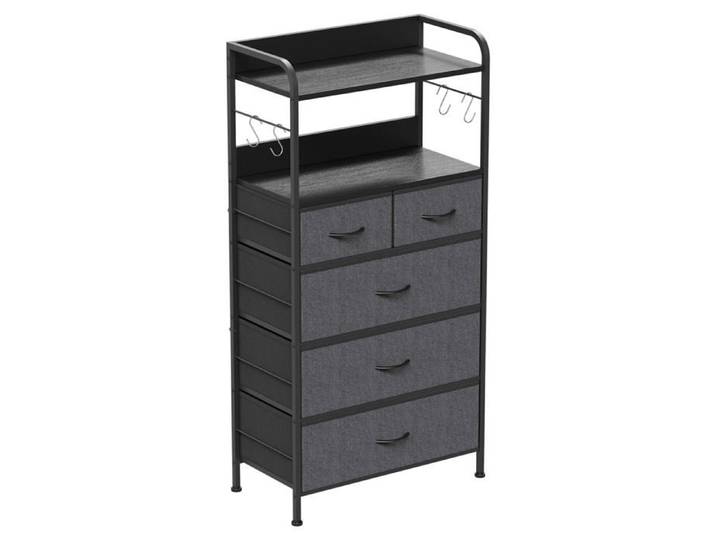 Commode 5 tiroirs tissu gris 120x60x30cm métal crochets couloir/chambre