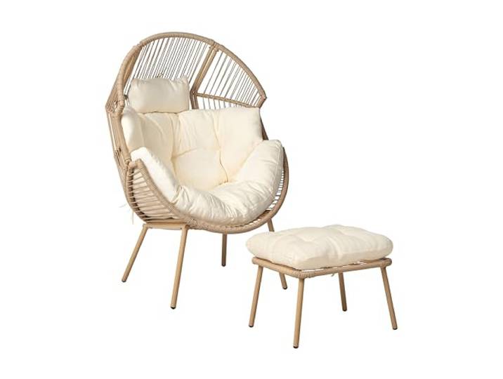 Beliani Gartensessel mit Hocker PE Rattan natürlich Auflagen cremeweiß Boho-Stil Murano