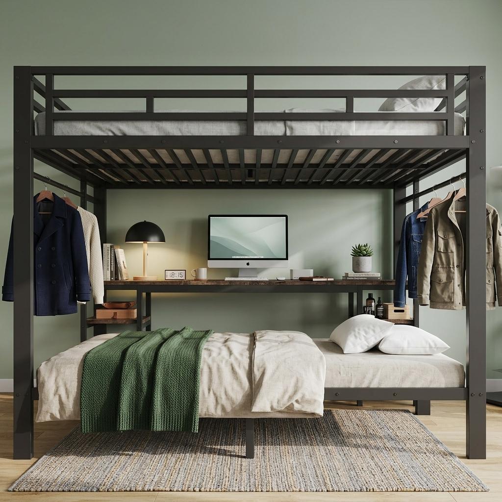 Metall-Etagenbett 140x200cm und 90x200cm mit integriertem Schreibtisch und Ladestation, schwarzer Rahmen für Jugendzimmer und Gästezimmer