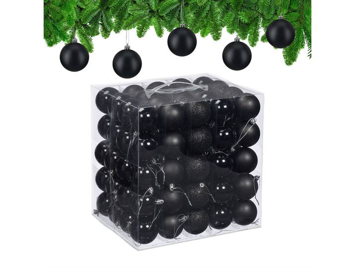 Weihnachtskugeln 100er-Set Matt-Glänzend-Glitzer Schwarz-Silber