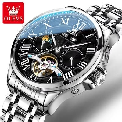 Inspired Finds OLEVS 7013 Luxury Automatic Mechanical Watch For Men Moon Phase, Skeleton Flywheel, Waterproof steel Black