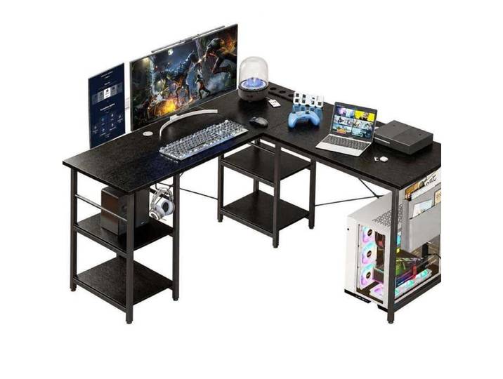 Bureau Gaming L Reconfigurable 140/230cm 3 Prises AC + USB-C/A Support Casque Étagère Acier – Noir