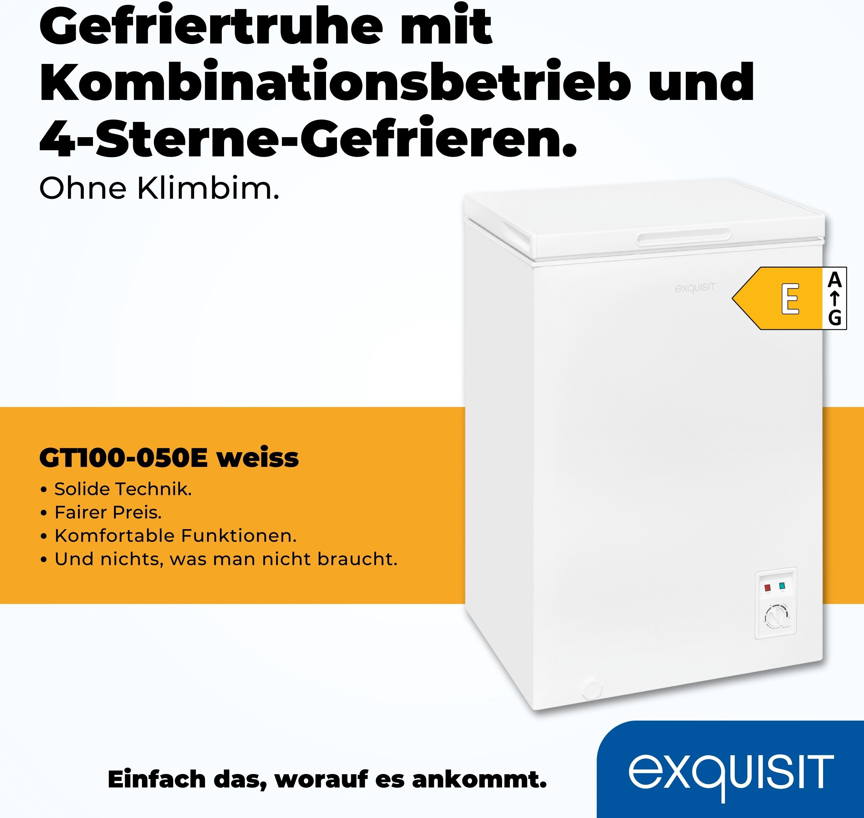 EXQUISIT Gefriertruhe "GT100-050E", Energieeffizienz: E, silber (weiß), B/H/T: 54,5cm x 83,5cm x 48cm, Gefriertruhen, 4*-Gefriertruhe mit ergonomischer Griffmulde – bequem zu öffnen, Gefriertruhe
